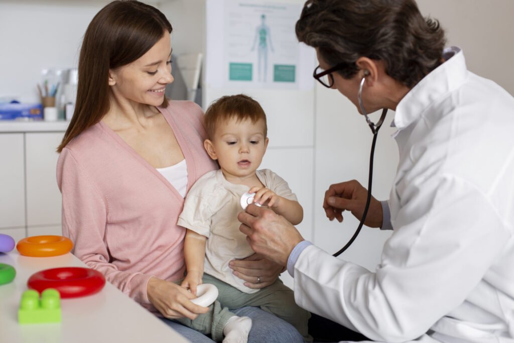 Well-child visits at a pediatric clinic with a doctor examining a child and discussing health with a parent